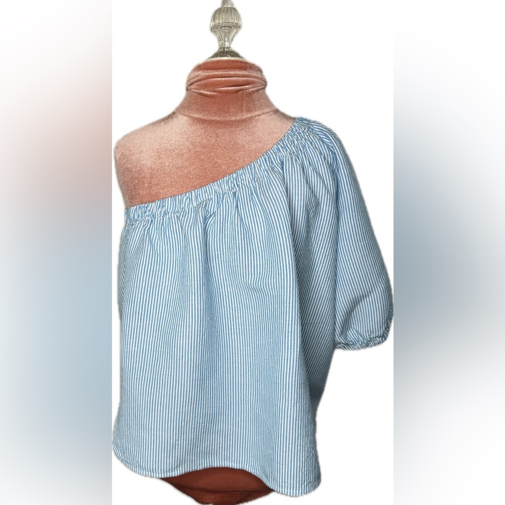 Loft Linen blend Striped One-Shoulder Top Blue White Women’s Size Large - Picture 2 of 12